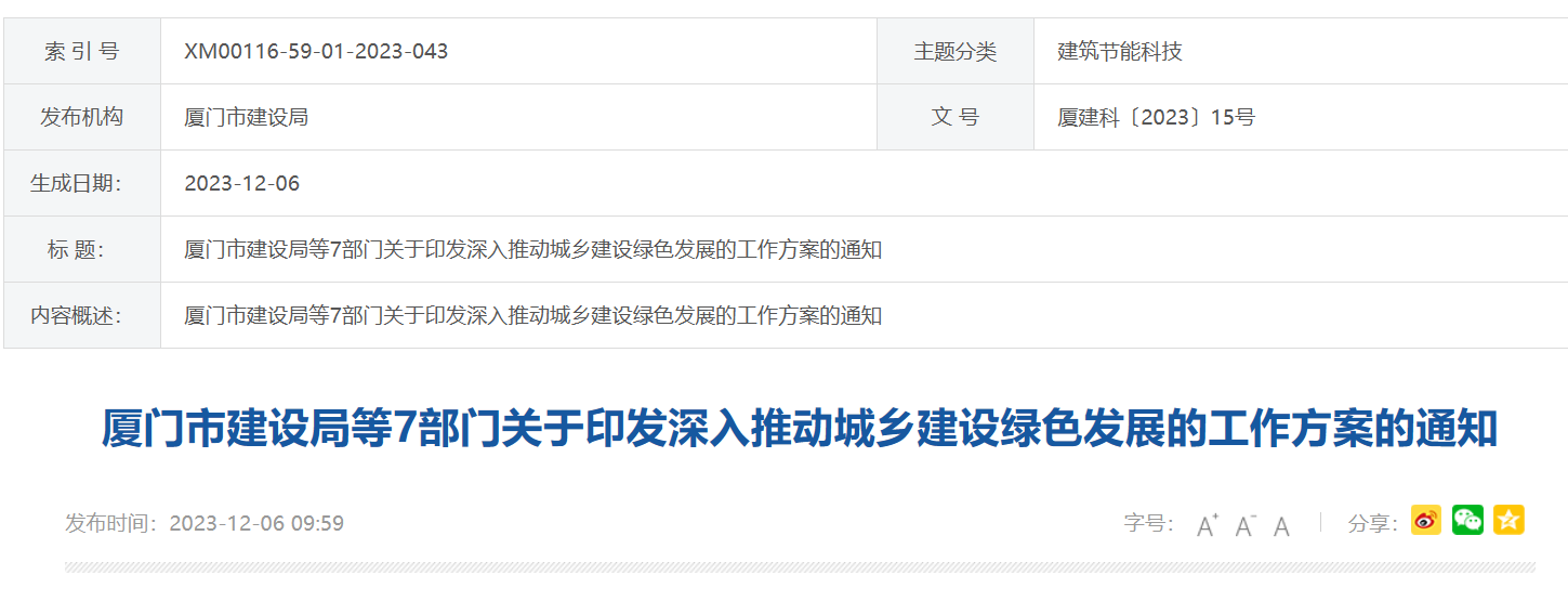 廈門市7部門：深入推動城鄉(xiāng)建設綠色發(fā)展的工作方案